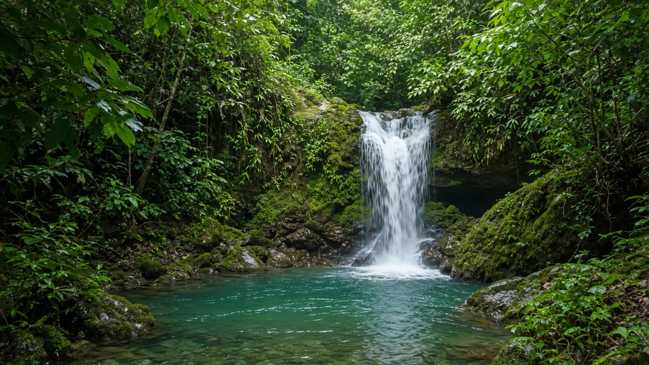 Cascada entre vegetación tropical cayendo a un pozo verde