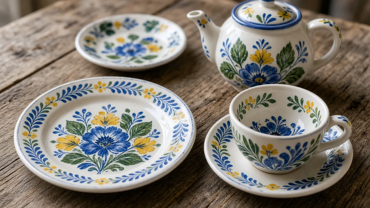Vajilla blanca pintada a mano con flores azules, amarillas y verdes sobre una mesa de madera