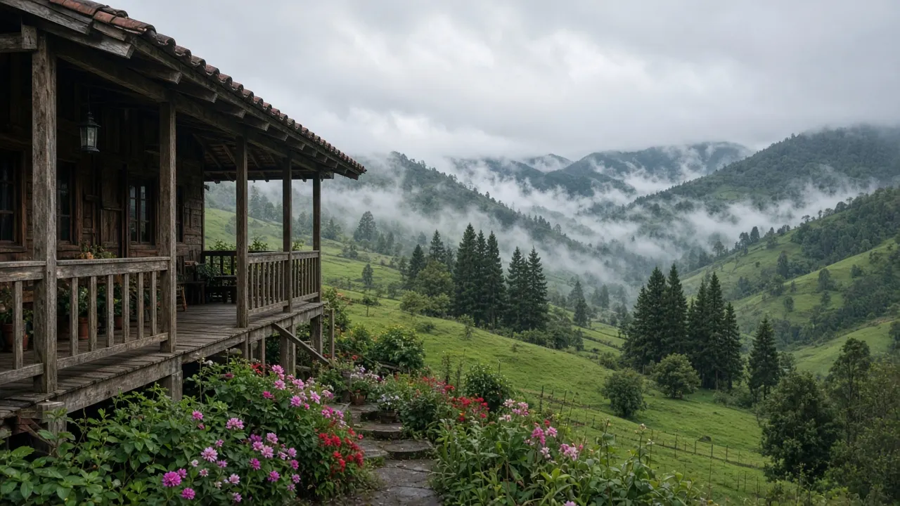 Casa de campo de madera con flores frente a montañas con niebla