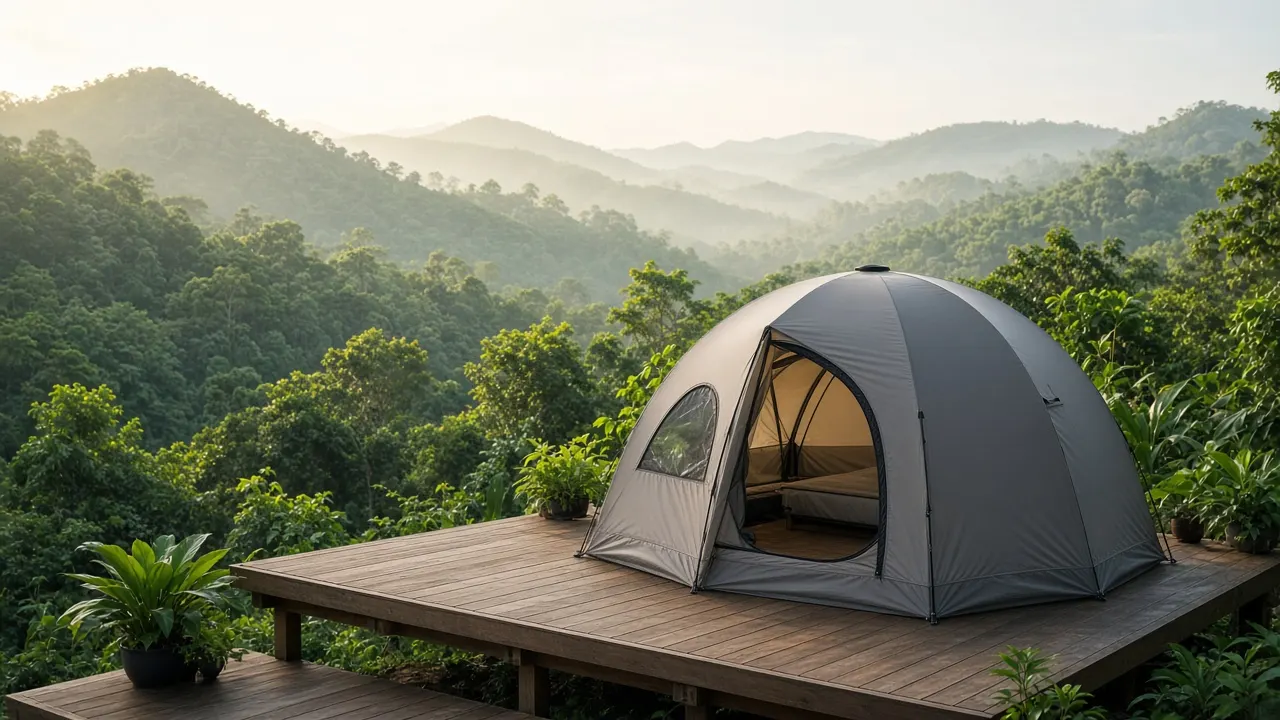 Domo de glamping sobre una plataforma de madera frente a montañas